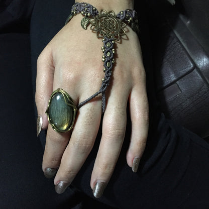 Hancrafted ring with brass wire and labrodorite stone