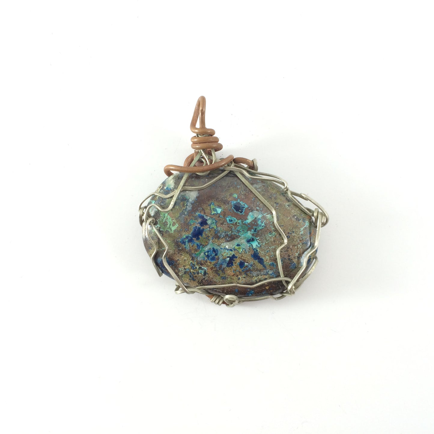 Pendant handcrafted from azurite stone, copper and brass wire