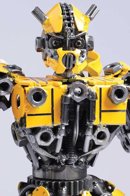 Transformers Bumblebee metal action figure hand-crafted from junk auto parts with attention to detail