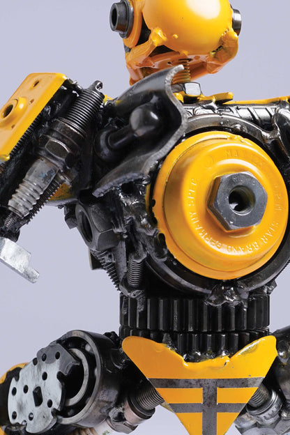 Transformers Bumblebee metal action figure hand-crafted from junk auto parts with attention to detail