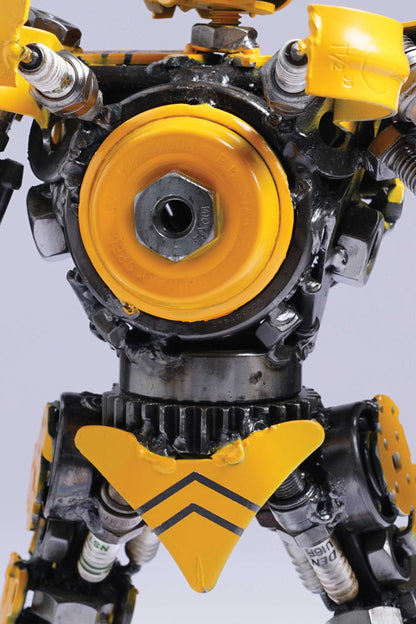 Transformers Bumblebee metal action figure hand-crafted from junk auto parts with attention to detail