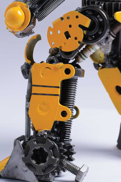 Transformers Bumblebee metal action figure hand-crafted from junk auto parts with attention to detail