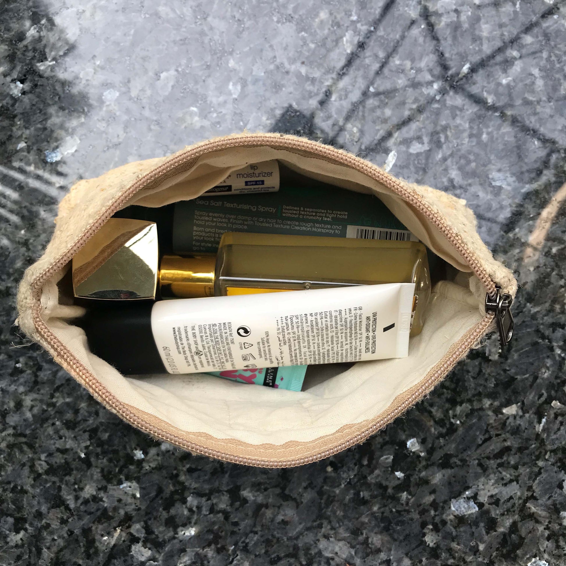 Pure Hemp Pouch made from 100% pure hand-woven HEMP inside view with cosmetics