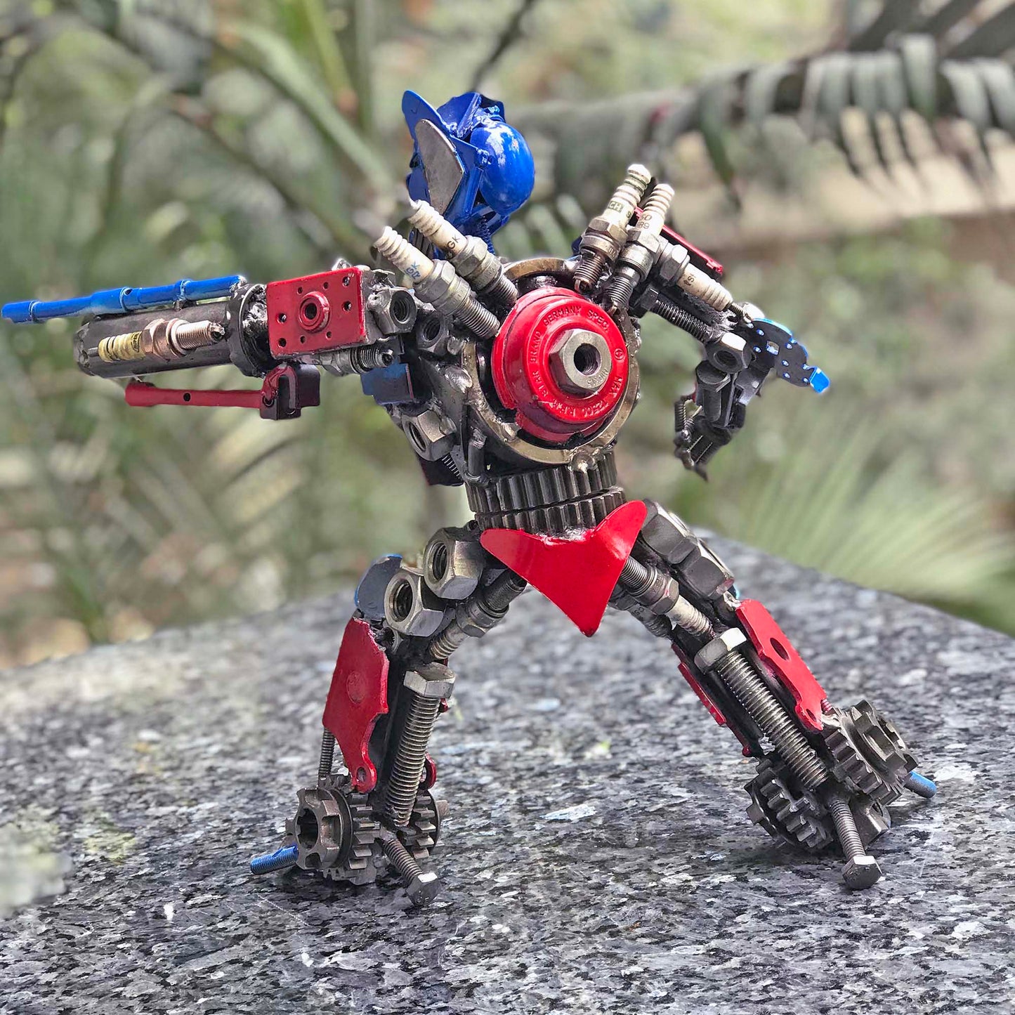 Transformers Optimus Prime metal action figure hand-crafted from junk auto parts with attention to detail