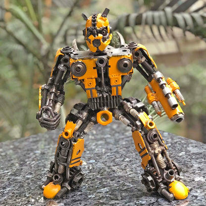 Transformers Bumblebee metal action figure hand-crafted from junk auto parts with attention to detail