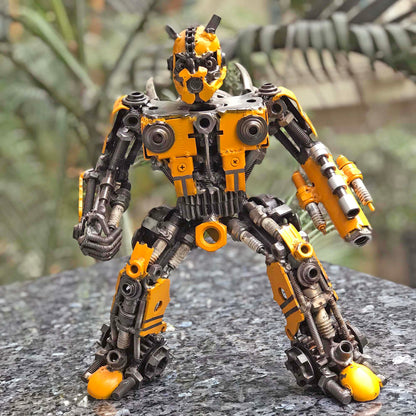 Transformers Bumblebee metal action figure hand-crafted from junk auto parts with attention to detail