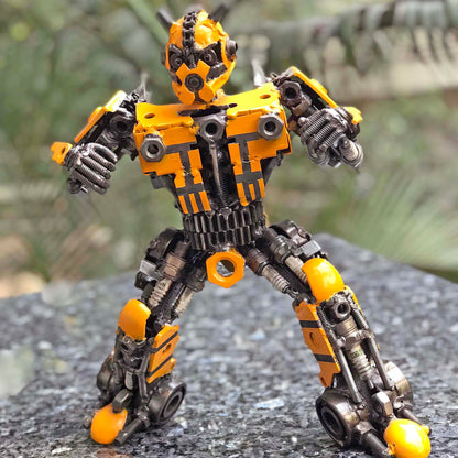 Transformers Bumblebee metal action figure hand-crafted from junk auto parts with attention to detail