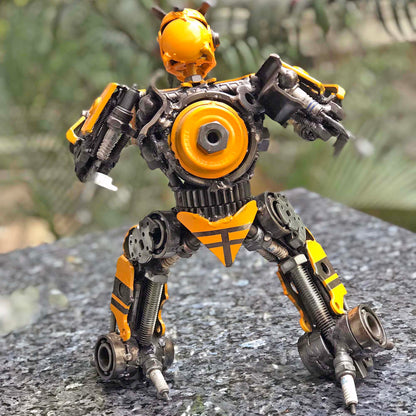 Transformers Bumblebee metal action figure hand-crafted from junk auto parts with attention to detail