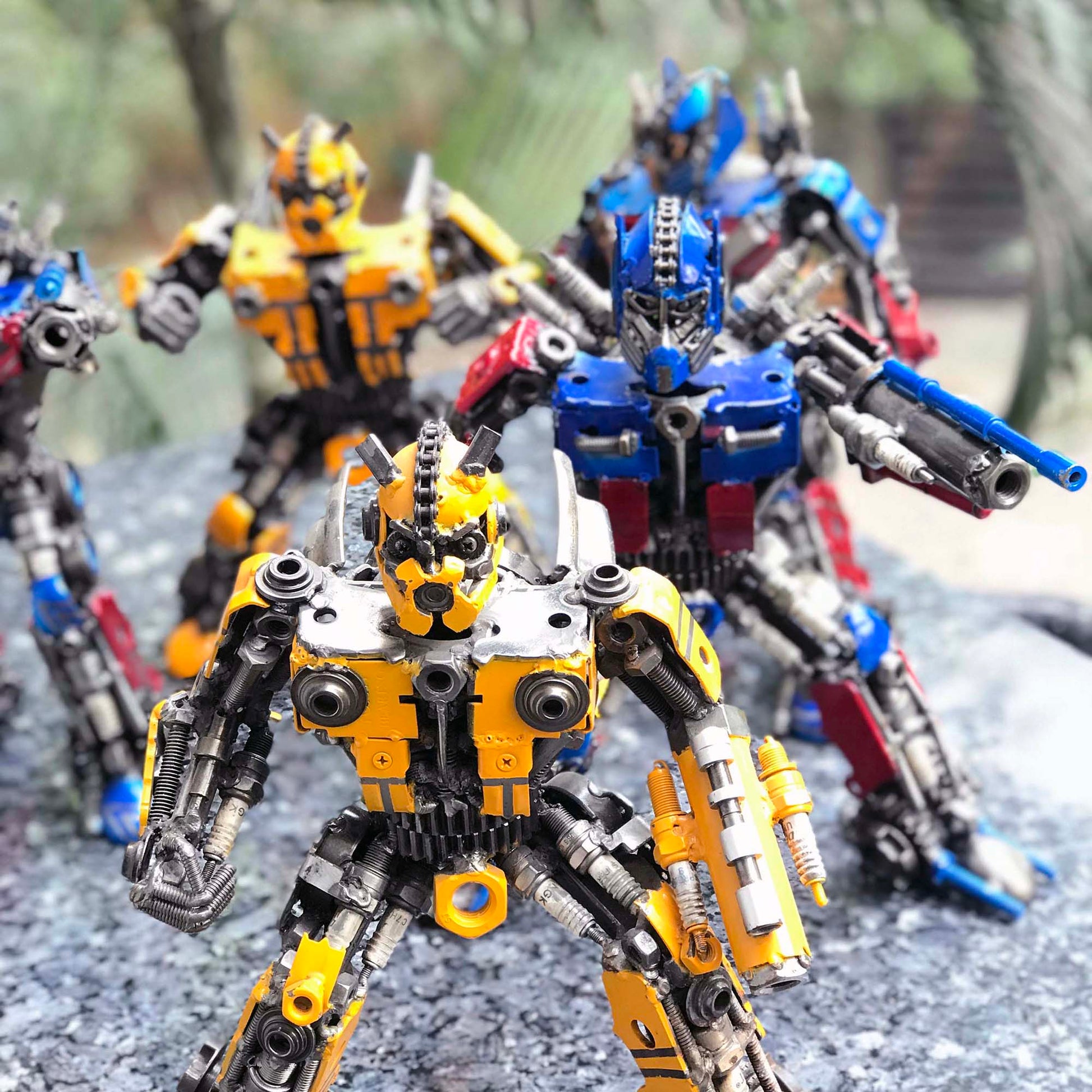 Transformers Bumblebee metal action figure hand-crafted from junk auto parts with attention to detail